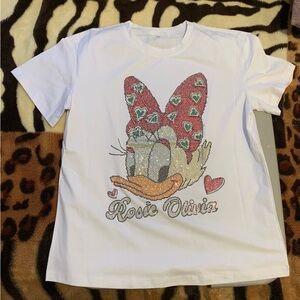 White Tee with Colorful Print and rhinestones
